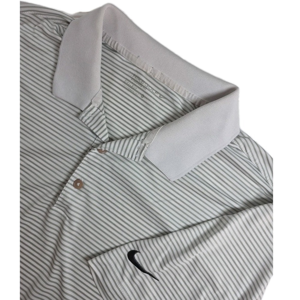 Nike Polo Shirt Mens XL Extra Large Grey White Stripe Standard Dri Fit Golf